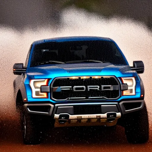 Prompt: a hyper realistic photo of the driver side of a ford raptor in a rainstorm