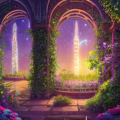 Prompt: beautiful highly detailed digital illustration of a celestial palatial garden with pillars of light towering above. by Andreas Rocha, colorful nebula in the night sky, stars, flowers and vines and creepers, establishing shot, cinematic, architecture, artstation HQ, HD, 8k resolution, featured in art magazine