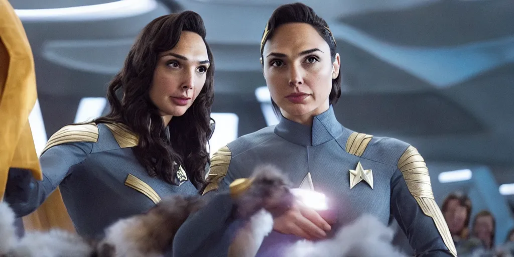 Image similar to Gal Gadot, in Starfleet uniform, in the role of Captain Kirk, with lots of Tribbles!!!! everywhere