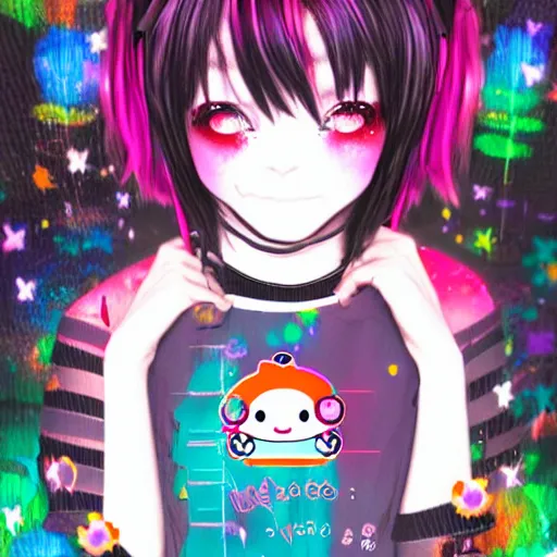 Image similar to photo of a emo manic pixie dream girl, 8k, portrait | sanrio glitchcore yokai girl, shadowverse character concept, found footage horror, glitter gif