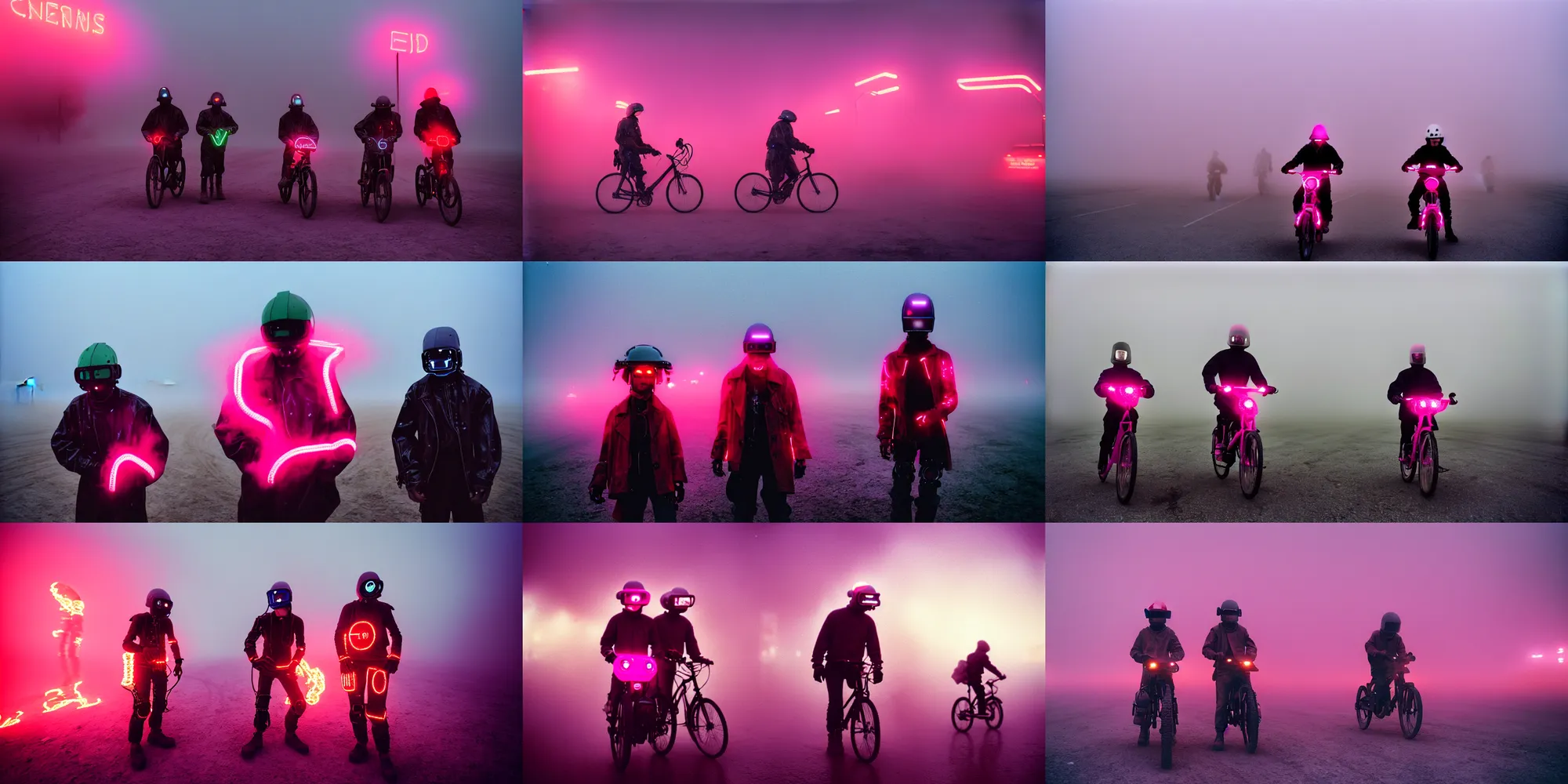 Prompt: cinestill hasselblad 8 5 mm, f 1. 2, narrow, extreme motion blur, candid photographic portrait by helen levitt of 2 cyborgs wearing helmets and rugged neon pink mesh techwear in treacherous fog, burning man nevada, modern cyberpunk moody depressing cinematic, pouring rain, ultra realistic faces, ex machina