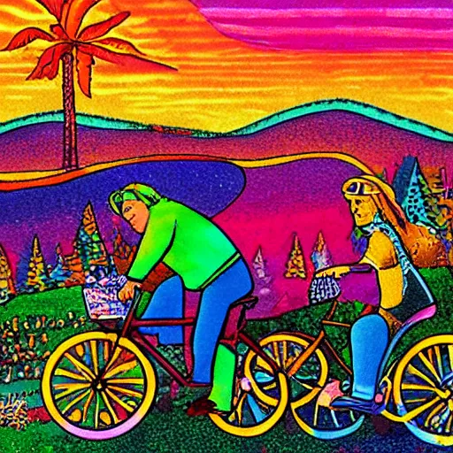 Image similar to hoffman bicycle trip, blotter art, in the style of lisa frank