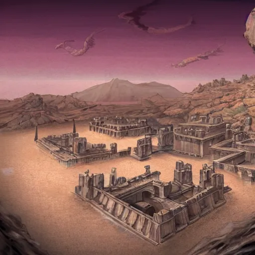 Prompt: concept art of an ancient city in the desert, rule of thirds