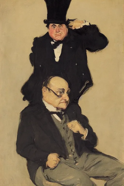 Image similar to portrait of a hulking herculean danny devito as a gentleman wearing an edwardian suit and top hat by walter sickert, john singer sargent, and william open