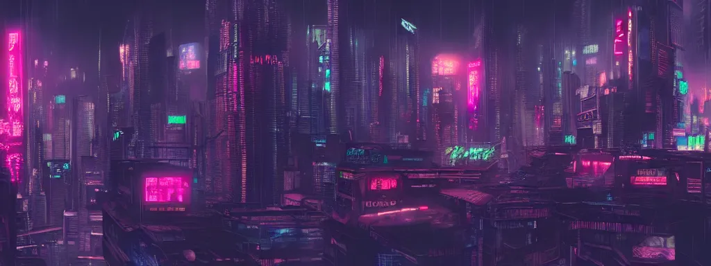 Image similar to matte painting of a neon cyberpunk mega city in the film ghost in the shell, trending on artstation, 8k, ultra hd