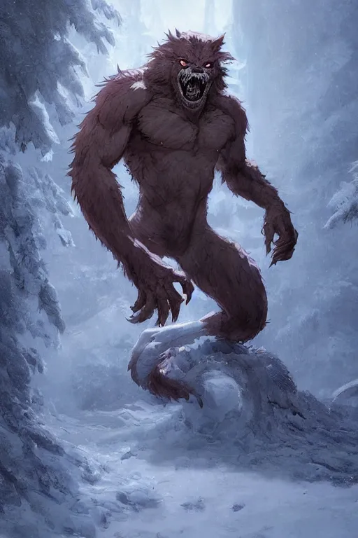 Image similar to a monster werewolf in the snow, snowy. By Makoto Shinkai, Stanley Artgerm Lau, WLOP, Rossdraws, James Jean, Andrei Riabovitchev, Marc Simonetti, krenz cushart, Sakimichan, trending on ArtStation, digital art.