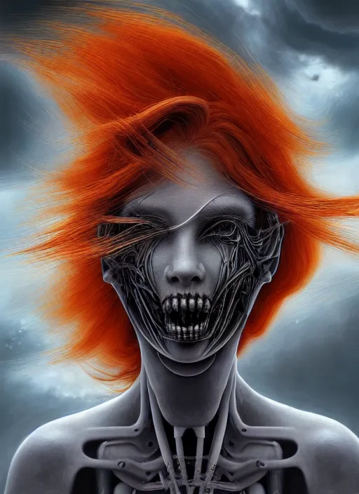 Prompt: realistic detailed image of a female horse-dragon-cyborg-android, orange hair blowing in an angry and stormy moody atmosphere, anime art, anime, inspired by H.R. Giger and Zdzislaw Beksinski and Mark Ryden, impressionistic gothic, rich deep colors. A masterpiece, matte painting, digital art, trending on artstation.