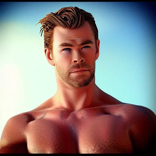 Image similar to “a realistic detailed photo of a guy who is an attractive humanoid who is half robot and half humanoid, who is a male android, Chris Hemsworth, shiny skin, posing like a statue, blank stare”