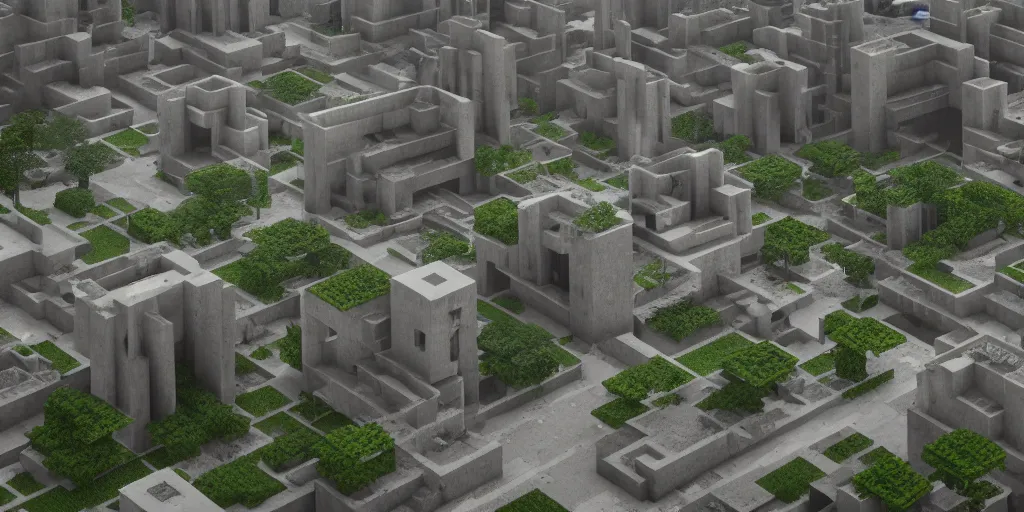 Image similar to brutalist concrete pyramids in minecraft style by Le Corbusier, abandoned temples, empty city streetscapes, surrounded by lush green vegetation, ground-level view, puddles of water, stunning volumetric lighting, sunset, trending on Artstation, 8k, photorealistic, hyper detailed, unreal engine 5, cinematic, epic lighting, cryengine, octane render, cyberpunk,, dark, gloomy