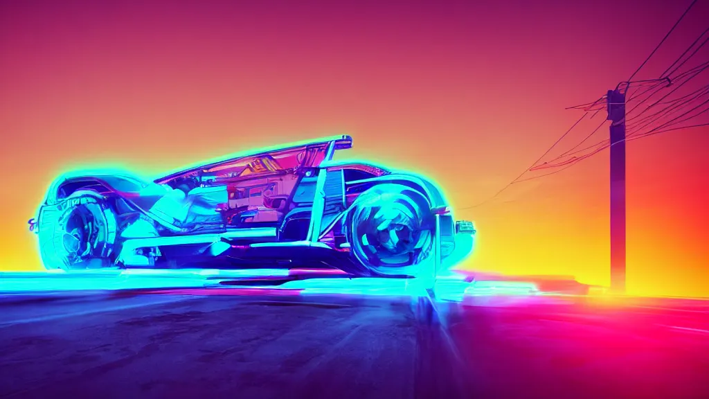 Prompt: neon synthwave hemi v 8 engine, at sunset, 8 k. filling most of the view