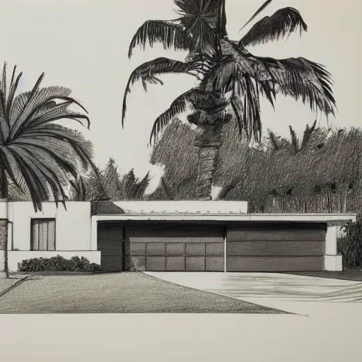 Prompt: Front elevation of a modern house, los angeles, palm trees, graphite on sketch paper