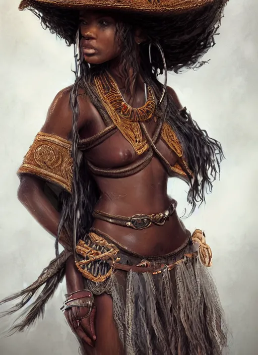 Prompt: a highly detailed illustration of long curly haired african girl wearing cowboy hat and brown poncho, dramatic playing banjo pose, intricate, elegant, highly detailed, centered, digital painting, artstation, concept art, smooth, sharp focus, league of legends concept art, WLOP