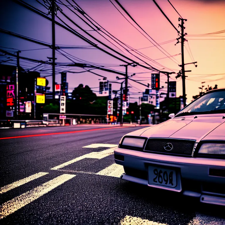 Prompt: close-up-photo JZX90 drift middle of street, sunset kanagawa prefecture, night, cinematic color, photorealistic, highly detailed,