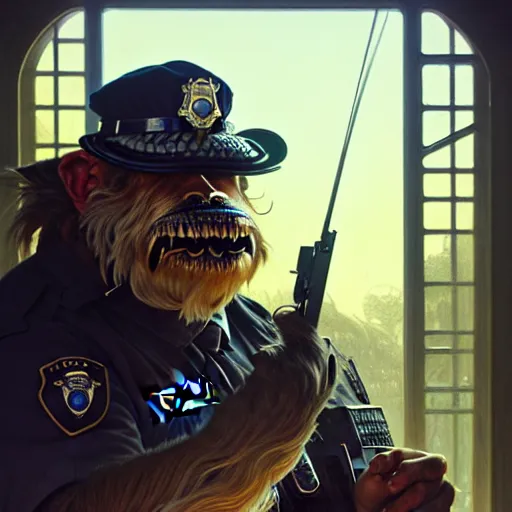 Prompt: portrait painting of a friendly bugbear police officer, d & d, ultra realistic, concept art, intricate details, eerie, highly detailed, photorealistic, octane render, 8 k, unreal engine. art by artgerm and greg rutkowski and magali villeneuve and alphonse mucha