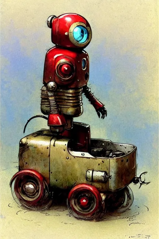 Image similar to adventurer ( ( ( ( ( 1 9 5 0 s retro future android robot fat robot mouse wagon. muted colors. ) ) ) ) ) by jean baptiste monge!!!!!!!!!!!!!!!!!!!!!!!!! chrome red