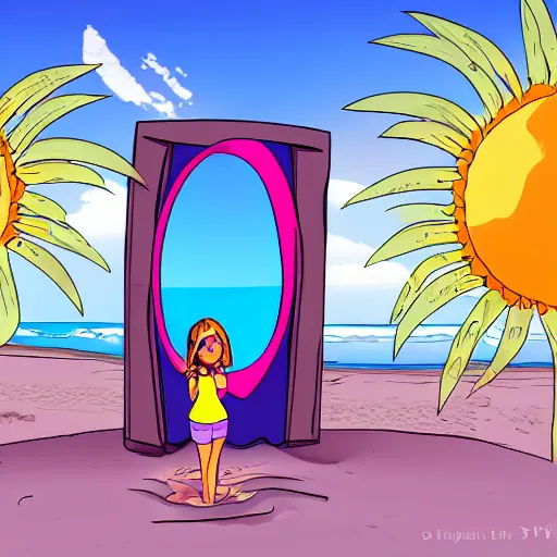 Prompt: a beautiful girl open a portal to the beach, cartoon style