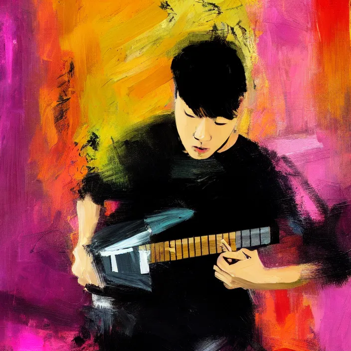 Image similar to large diagonal brush strokes, abstract dark painting of a young korean male musician wearing black tank top holding a telecaster!!! electric guitar!! in a dark room, thick flowing dramatic brush strokes, matte colors, abstract, impressionist, motion, trending on artstation