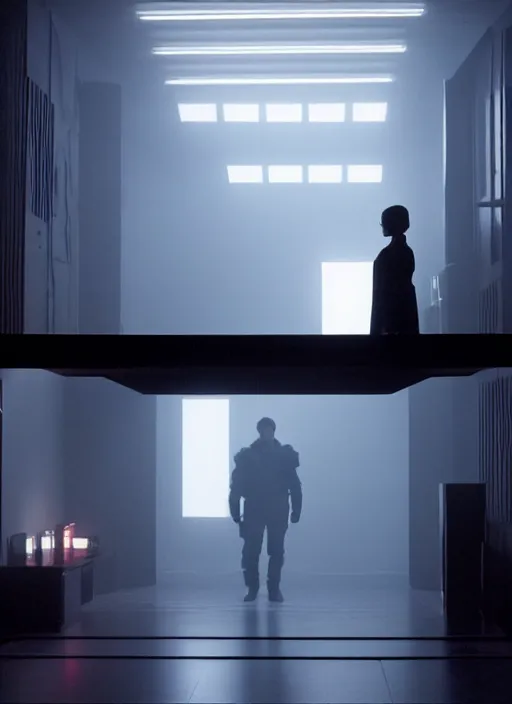 Image similar to a bright silhouette hovers above the ground inside of a hall. liminal, cozy, bladerunner 2 0 4 9 set design by alessandra querzola ( 1 9 8 8 )