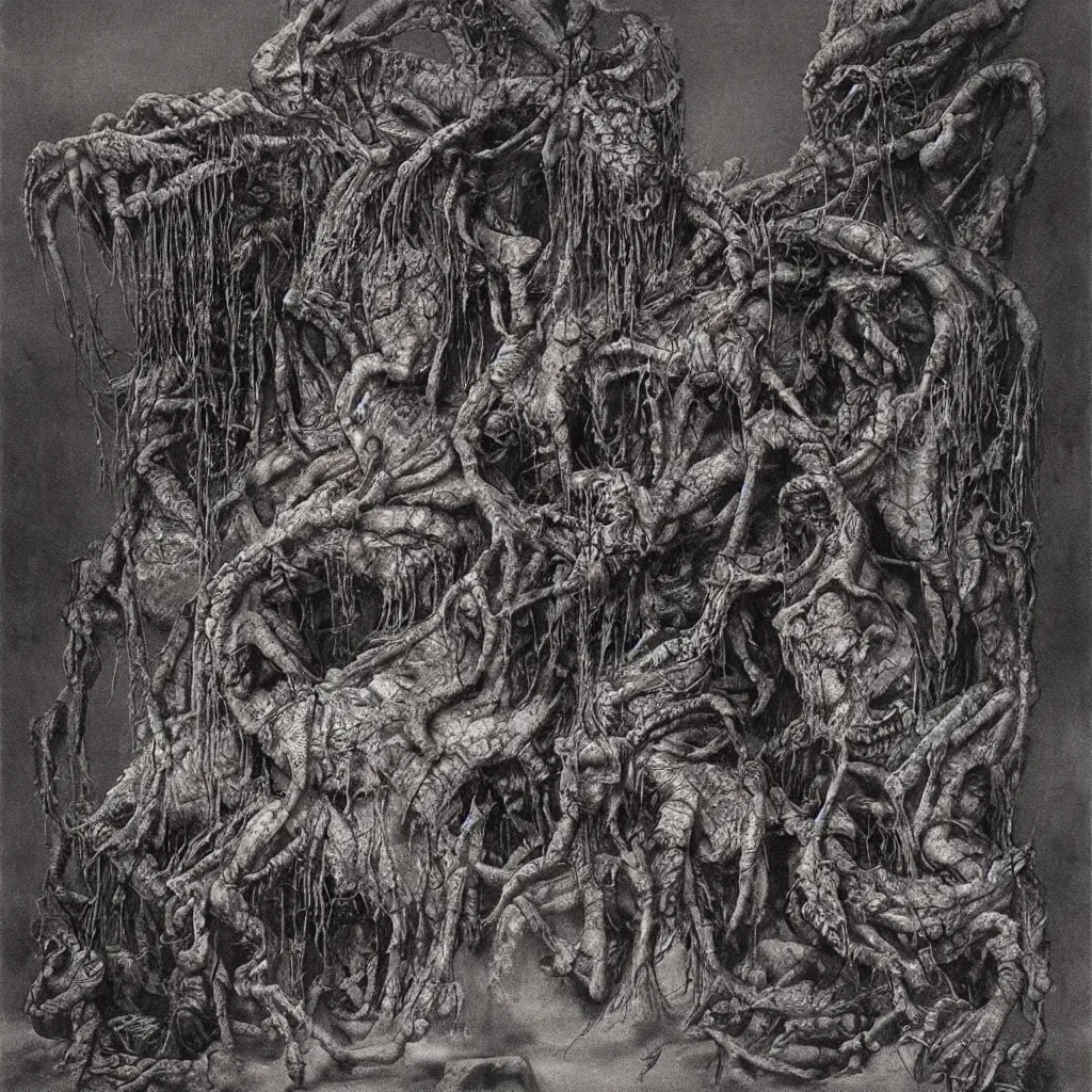 Image similar to gritty, disgusting, vile, wretched, centipede, beksinski