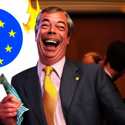 Image similar to nigel farage laughing holding burning eu flag, photograph, hd