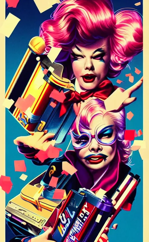 Prompt: rip taylor throwing confetti, retro - futuristic poster style by artgerm and arthur adams, amazing composition