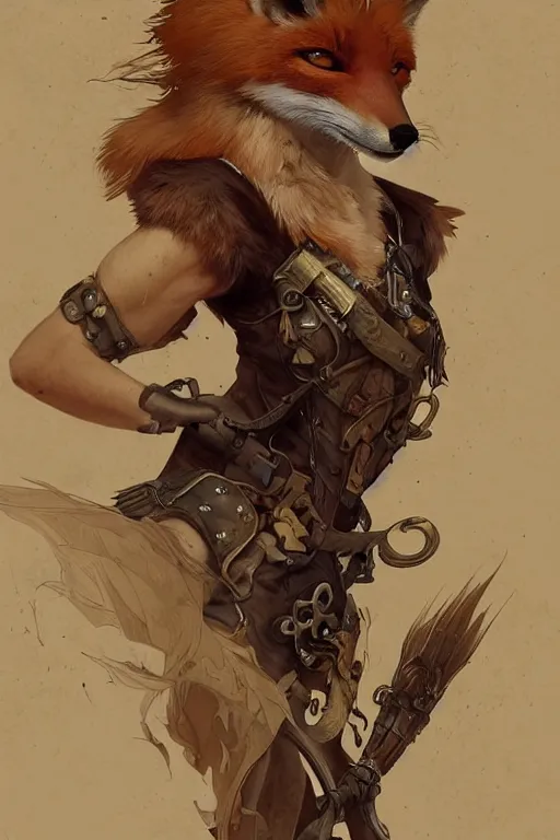 Prompt: heroic character design of anthropomorphic whimsical fox, portrait, western, steampunk, clint eastwood pose, duster, fantasy, intricate, elegant, highly detailed, digital painting, artstation, concept art, sharp focus, illustration, art by artgerm and greg rutkowski and alphonse mucha