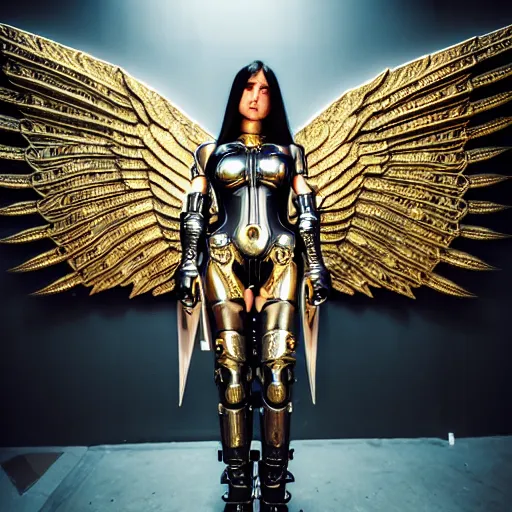 Image similar to female cyber angel, wings, ornate cyberpunk armor, ornate cyberpunk interior, ruins, cyberpunk cathedral, at ancinet Agora of Athens,Golden Light, Cathedral, 8K, trending on artstation, volumetric light, lightrays, smoke, cinematic, atmospheric, insanely detailed and intricate, hypermaximalist, elegant, ornate, luxury, elite, by James Jean, super detailed, face details trending on artbreeder, golden ratio