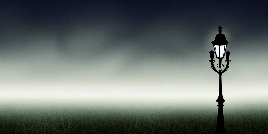 Image similar to curved perspective epic illustration of night city with curly victorian street lamp in a foggy field hilly ground from nightmare before christmas