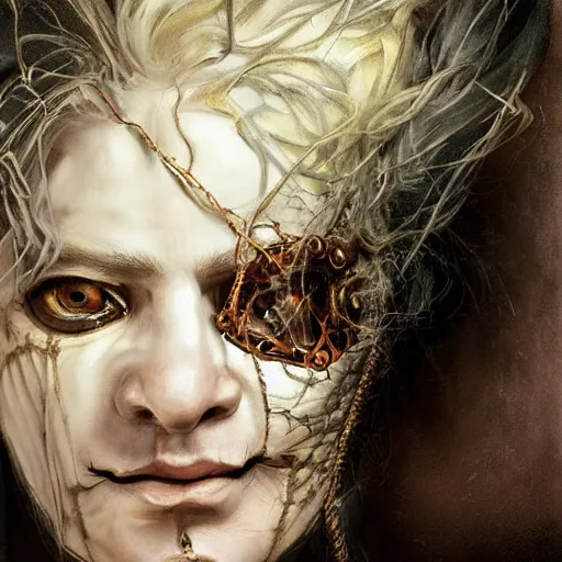 Image similar to portrait of a Shibari rope wrapped face and neck, headshot, insanely nice professional hair style, dramatic hair color, digital painting, of a old 17th century, old cyborg merchant, amber jewels, baroque, ornate clothing, scifi, realistic, hyperdetailed, chiaroscuro, concept art, art by Franz Hals and Jon Foster and Ayami Kojima and Amano and Karol Bak,