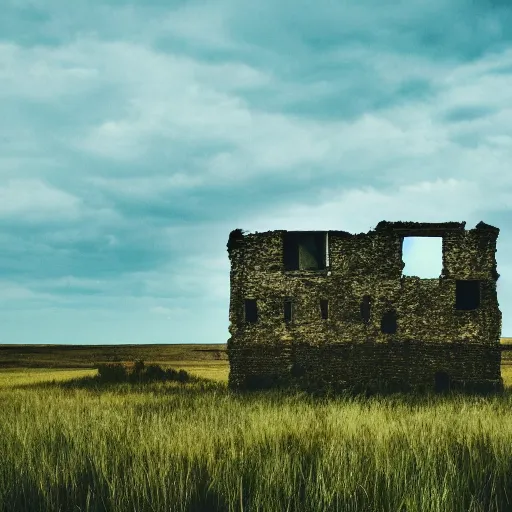 Prompt: grasslands, ( ( house ) )!! ( ( ruins ) ), [ 4 k photorealism ]!!!, trending on unsplash, intricate, zoomed out photography