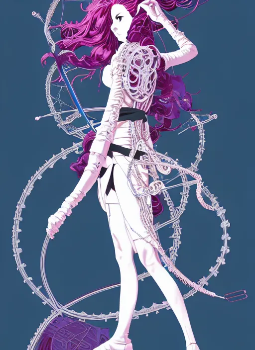 Image similar to tomer hanuka highly detailed terada katsuya artstation minaba hideo fantastic fate shigenori soejima manga poster of princess mechine, long hair, armor, dress, laces, ruffles, 8 k, fluorescent, maximalist, jump comics, art nouveau