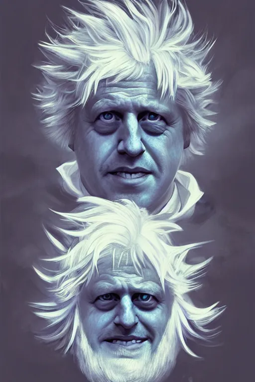 Image similar to Boris Johnson as Rick Sanchez, one eyebrow, white robe, big eyes, 2d portrait, symmetrical, highly detailed, digital painting, artstation, concept art, smooth, sharp focus, illustration, cinematic lighting, art by artgerm and greg rutkowski and alphonse mucha