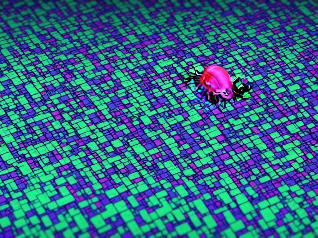 Image similar to a very cute bug crawling out of a vast 3 d landscape of jumbled computer code, hyperrealistic, 3 d, 8 k, artstation, very detailed, neon colors