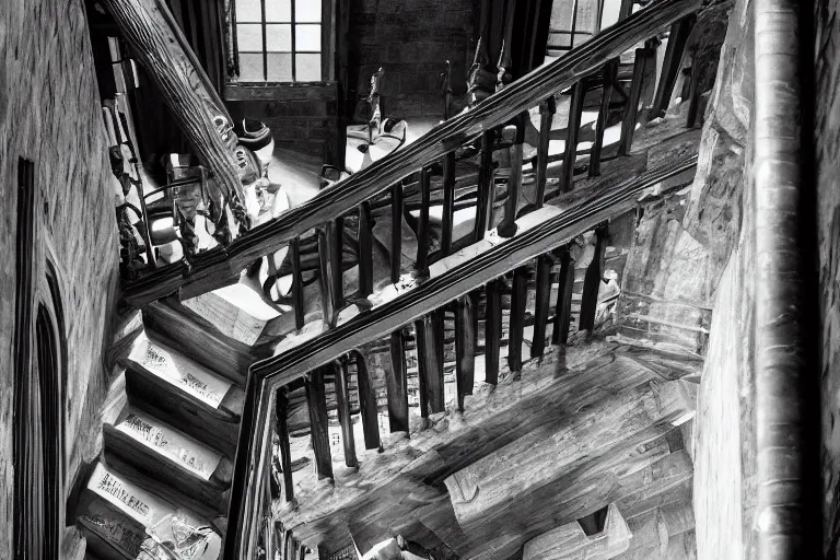 Image similar to Hogwarts stairwell, looking down from above,black and white.