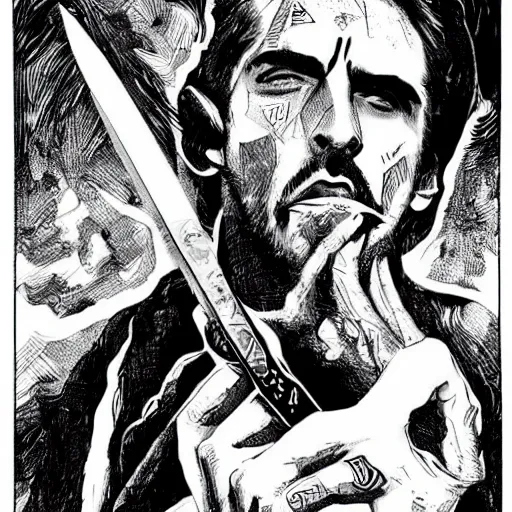 Image similar to black and white pen and ink!!!! rugged royal masonic goetic!! Frank Zappa x Ryan Gosling golden!!!! Vagabond!!!! floating magic swordsman!!!! glides through a beautiful!!!!!!! battlefield dramatic esoteric!!!!!! pen and ink!!!!! illustrated in high detail!!!!!!!! by Junji Ito and Hiroya Oku!!!!!!!!! graphic novel published on 2049 award winning!!!! full body portrait!!!!! action exposition manga panel black and white Shonen Jump issue by David Lynch and Ari Aster beautiful line art