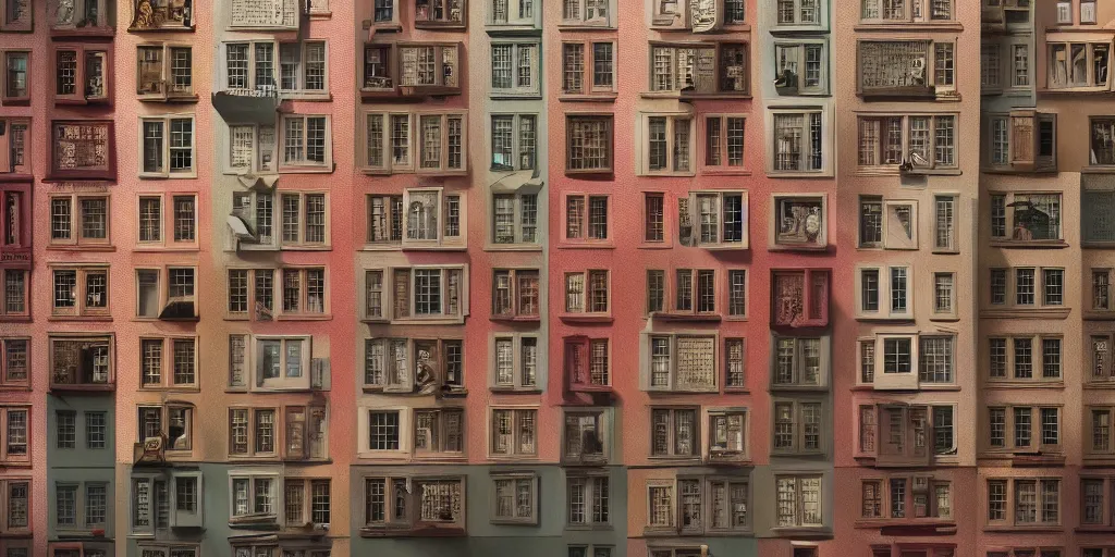 Image similar to a very high resolution image from a new movie, upside - down building, windows, beautiful scenery, photorealistic, photography, directed by wes anderson