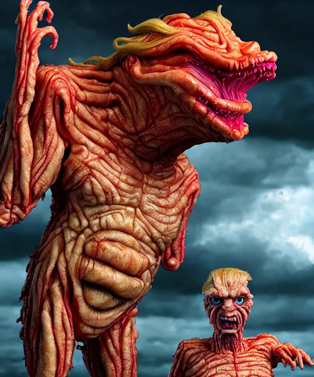 Image similar to hyperrealistic rendering, epic boss battle, cronenberg flesh monster donald trump, by art of skinner and richard corben, product photography, collectible action figure, sofubi, hottoys, storm clouds, outside, lightning