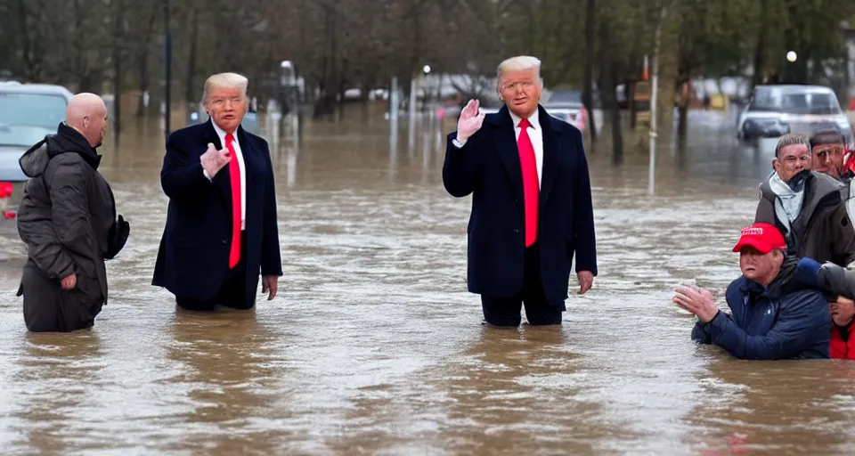 Prompt: Donald Trump visiting a small german town that is being flooded, movie screenshot, dramatic scene