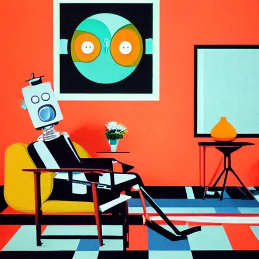 Prompt: robot maid in a mid century modern living room, burnt orange, olive green, earth tones, retro future, marcelline stoyke, eric joyner