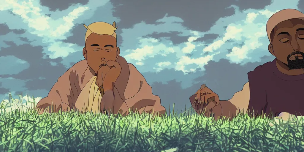 Image similar to kanye west in a studio ghibli movie, movie still frame, anime art style, studio ghibli, 4 k, 8 k