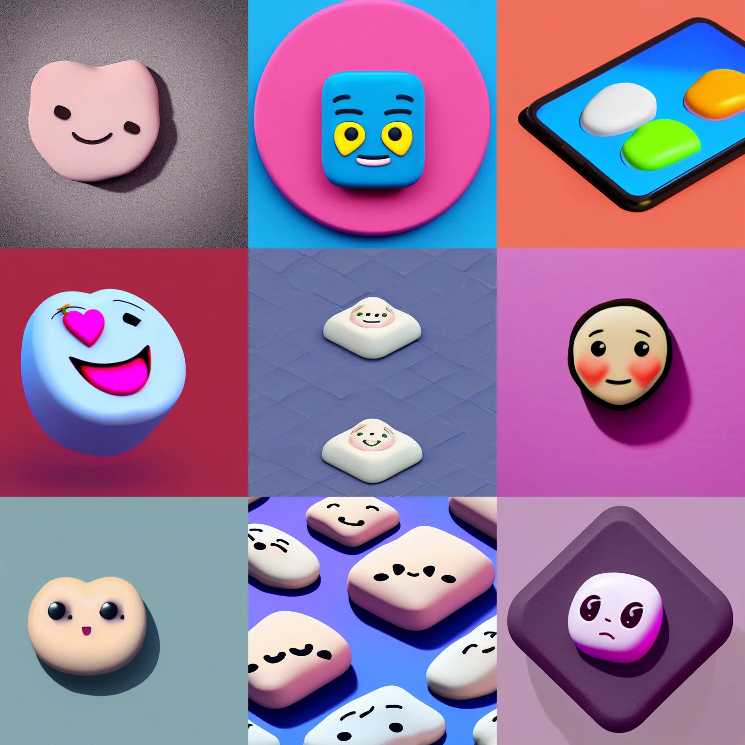 Prompt: cute melting blushing face 🥰 iOS emoji on white background, 3D clay render, isometric top down left view, diffuse lighting, zoomed out very far