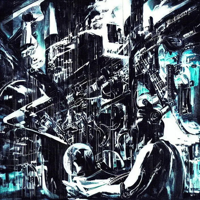 Prompt: “Cyberpunk Black Blues Singer 1930's with gigantic analog synthesizer and keyboard. Dramatic expressionism.”