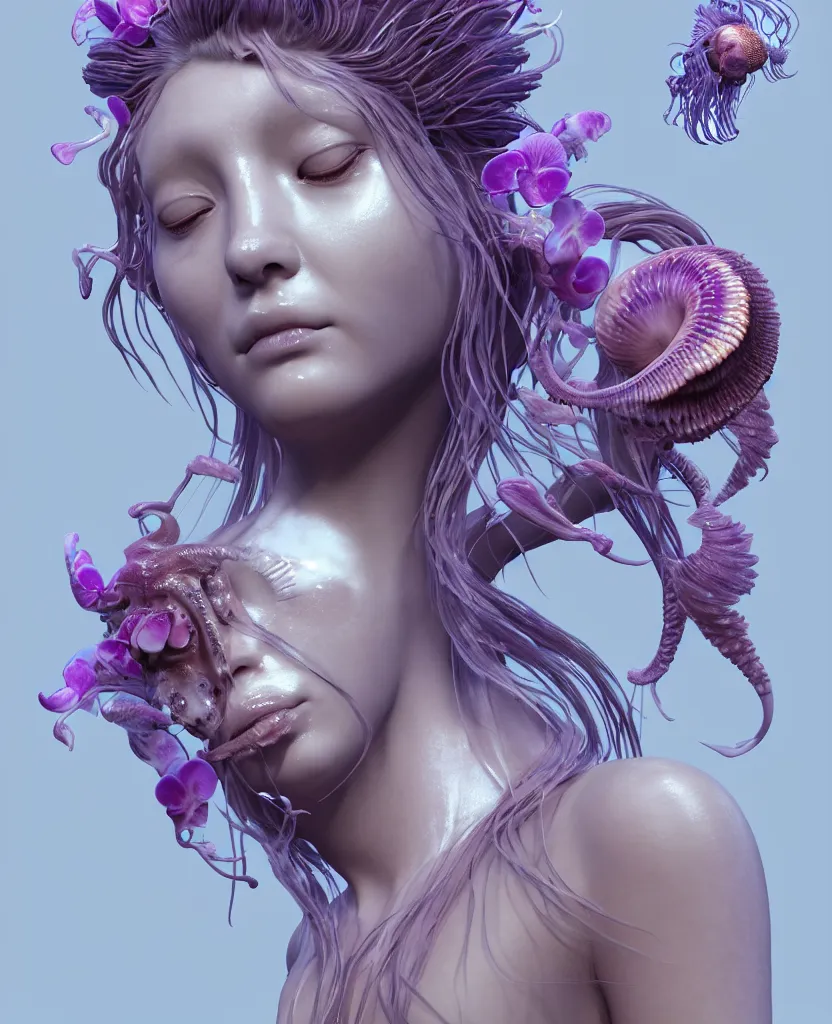 Image similar to goddess princess beautiful face close-up portrait ram skull zbrush sculpt. jellyfish phoenix head, nautilus, orchid, skull, betta fish, bioluminiscent creatures, intricate artwork by Tooth Wu and wlop and beeple. octane render, trending on artstation, greg rutkowski very coherent symmetrical artwork. cinematic, hyper realism, high detail, octane render, 8k