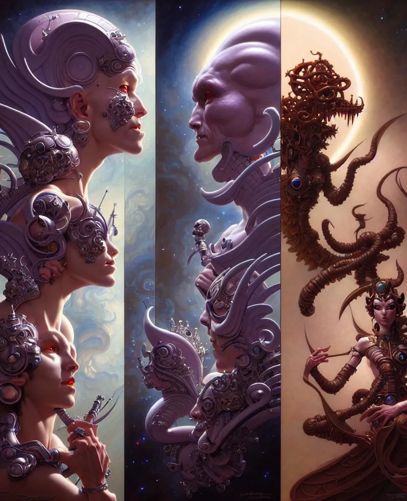 Image similar to beautiful gemini good and evil fantasy character portrait, ultra realistic, wide angle, intricate details, the fifth element artifacts, highly detailed by peter mohrbacher, hajime sorayama, wayne barlowe, boris vallejo, aaron horkey, gaston bussiere, craig mullins