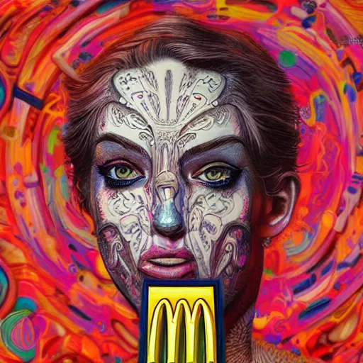 Image similar to An extremely psychedelic portrait of McDonalds, surreal, LSD, face, detailed, intricate, elegant, lithe, highly detailed, digital painting, artstation, concept art, smooth, sharp focus, illustration