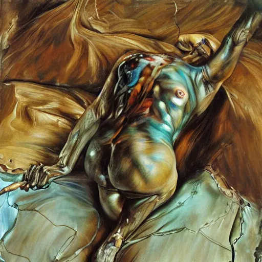 Image similar to high quality high detail painting by lucian freud and jenny saville, hd, dark demonic dancer, turquoise