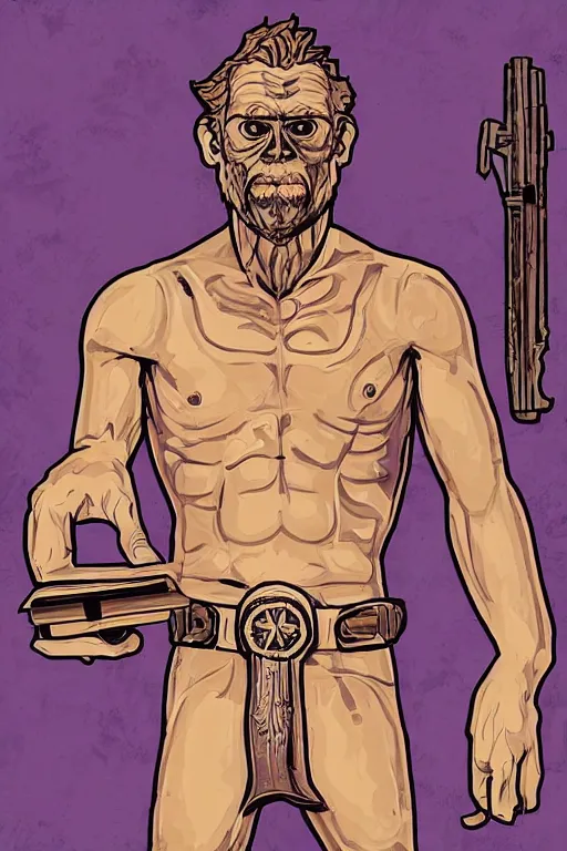 Image similar to saint homo neanderthalis, with book of science, on his right hand, and riffle, on his left hand, fix duplicate content!, violet polsangi pop art, gta chinatown wars art style, bioshock infinite art style, incrinate, realistic anatomy, hyperrealistic, two colors, white frame, content proportion