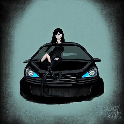 Image similar to Emo Girl driving a black car, digital art, gothic atmosphere