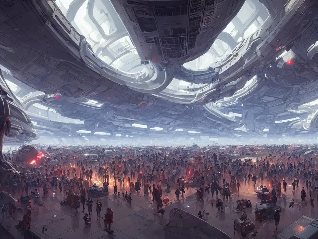 Image similar to the interior of a futuristic spaceport, large crowd of people, by kim jung gi and greg rutkowski, rule of thirds