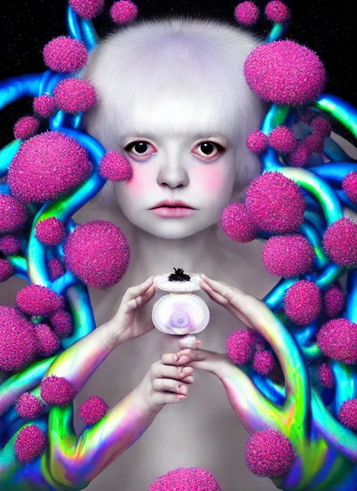 Image similar to hyper detailed 3d render like a Oil painting - kawaii portrait Aurora (white haired Singer Ferret) seen Eating of the Strangling network of yellowcake aerochrome and milky Fruit and Her delicate Hands hold of gossamer polyp blossoms bring iridescent fungal flowers whose spores black the foolish stars by Jacek Yerka, Mariusz Lewandowski, Houdini algorithmic generative render, Abstract brush strokes, Masterpiece, Edward Hopper and James Gilleard, Zdzislaw Beksinski, Mark Ryden, Wolfgang Lettl, hints of Yayoi Kasuma, octane render, 8k